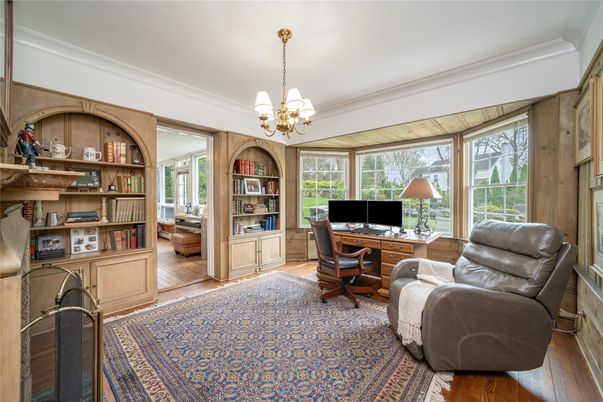 Chandelier, Home Office, Interior, Wood Texture Flooring, Wooden Walls