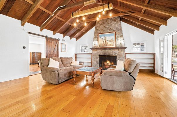 Fireplace, Interior, Living room, Stone Walls, Wooden Beams, Wooden Ceilings, Wood Texture Flooring
