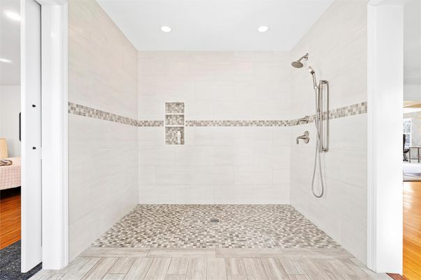 Bathroom, Glass Shower, Interior, Recessed Lighting, Wood Texture Flooring
