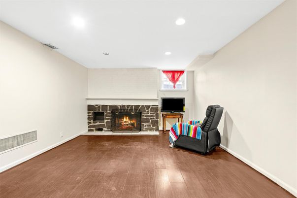 Fireplace, Interior, Recessed Lighting, Wood Texture Flooring