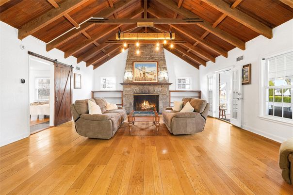 Fireplace, Interior, Living room, Stone Walls, Wooden Beams, Wooden Ceilings, Wood Texture Flooring