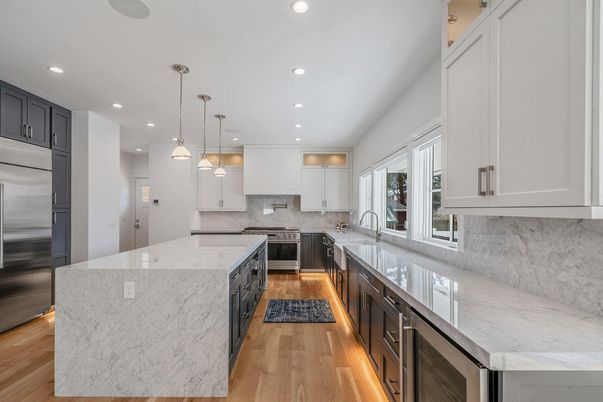 Interior, Kitchen, Pendant Lights, Recessed Lighting, Stainless Steel Appliances, Wood Texture Flooring