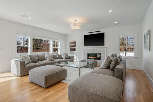 Fireplace, Interior, Living room, Recessed Lighting, Wood Texture Flooring