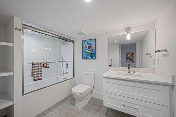 Bathroom, Glass Shower, Interior, Recessed Lighting, Wood Texture Flooring