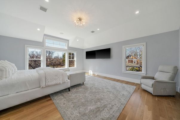 Bedroom, Chandelier, Interior, Recessed Lighting, Wood Texture Flooring