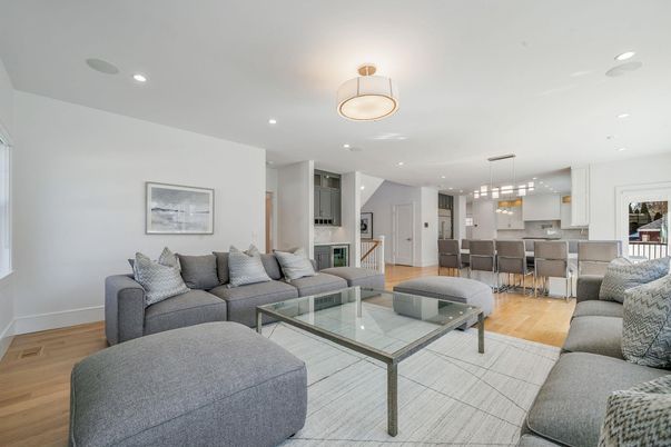 Dining room, Fireplace, Interior, Kitchen, Living room, Pendant Lights, Recessed Lighting, Wood Texture Flooring