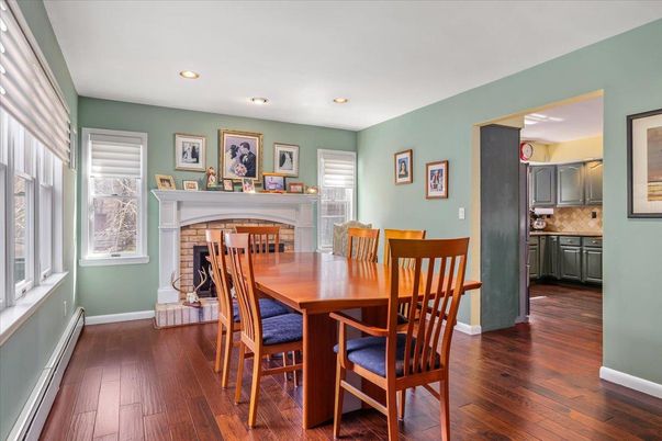 Dining room, Fireplace, Interior, Recessed Lighting, Wood Texture Flooring