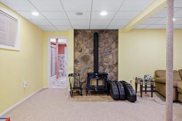 Fireplace, Interior, Recessed Lighting, Stone Walls