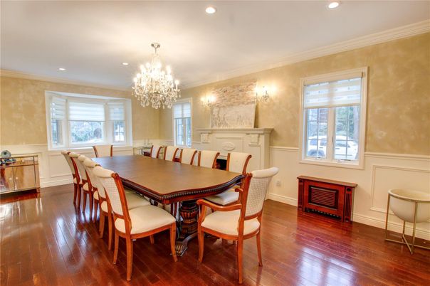 Chandelier, Dining room, Interior, Recessed Lighting, Wood Texture Flooring