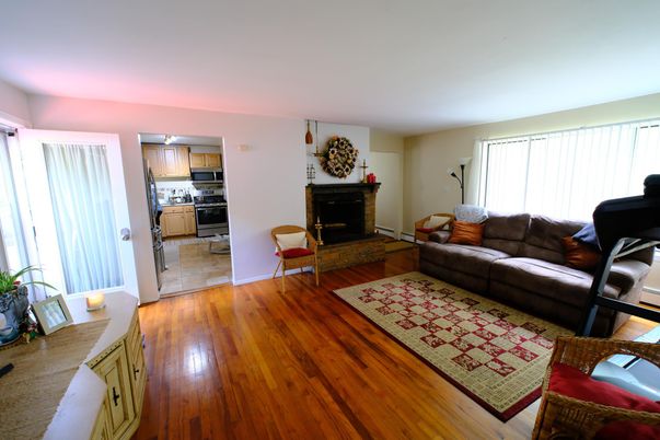 Fireplace, Interior, Kitchen, Living room, Wood Texture Flooring