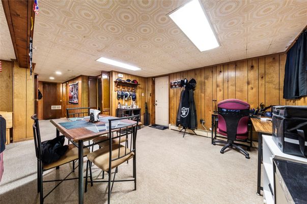 Dining room, Interior, Recessed Lighting, Wooden Walls