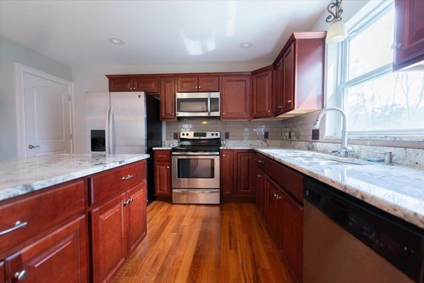 Interior, Kitchen, Pendant Lights, Recessed Lighting, Stainless Steel Appliances, Wood Texture Flooring