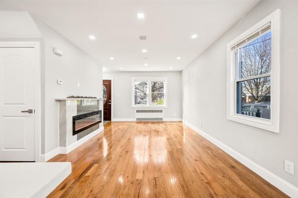 Empty room, Fireplace, Interior, Recessed Lighting, Wood Texture Flooring