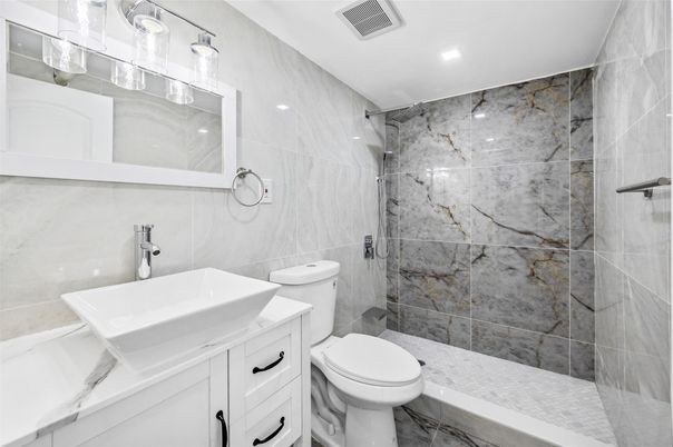 Bathroom, Glass Shower, Interior, Marble Walls, Recessed Lighting