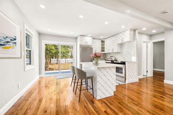 Interior, Kitchen, Marble Walls, Recessed Lighting, Wood Texture Flooring