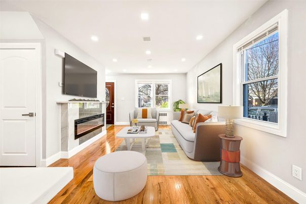 Fireplace, Interior, Living room, Recessed Lighting, Wood Texture Flooring