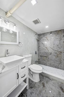 Bathroom, Glass Shower, Interior, Marble Walls, Recessed Lighting