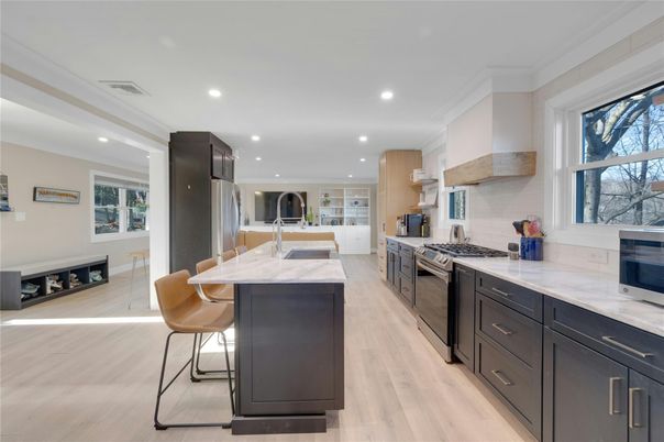 Interior, Kitchen, Recessed Lighting, Stainless Steel Appliances, Wood Texture Flooring