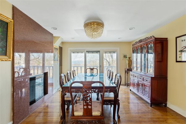 Chandelier, Dining room, Fireplace, Interior, Recessed Lighting, Wood Texture Flooring