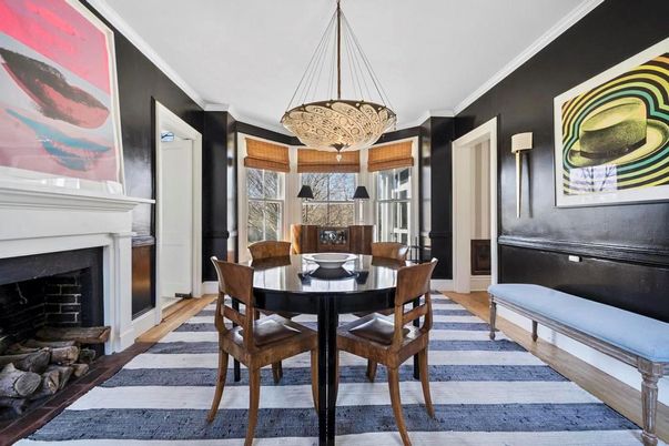Chandelier, Dining room, Fireplace, Interior, Pendant Lights, Wood Texture Flooring