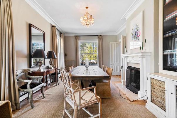 Chandelier, Dining room, Fireplace, Interior