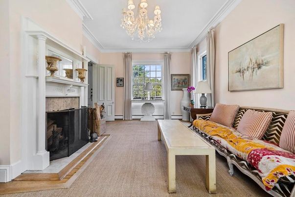 Chandelier, Fireplace, Interior