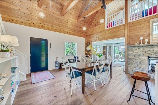 Dining room, Fireplace, Interior, Pendant Lights, Stone Walls, Wooden Beams, Wooden Ceilings, Wood Texture Flooring, Wooden Walls