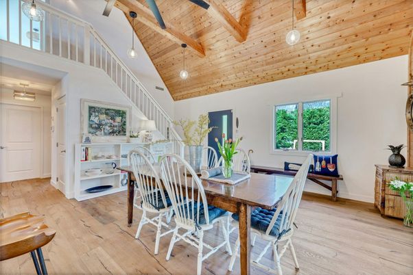 Dining room, Interior, Pendant Lights, Wooden Beams, Wooden Ceilings, Wood Texture Flooring