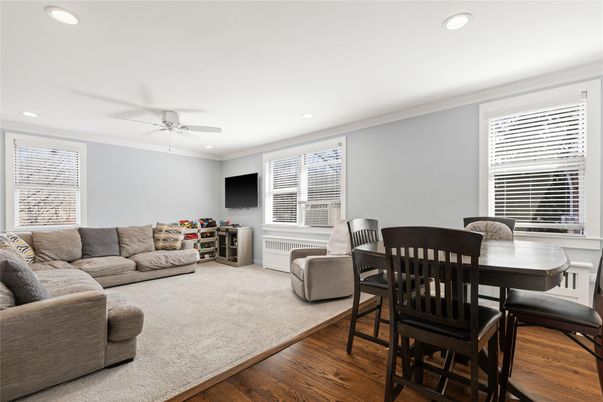 Dining room, Interior, Living room, Recessed Lighting, Wood Texture Flooring