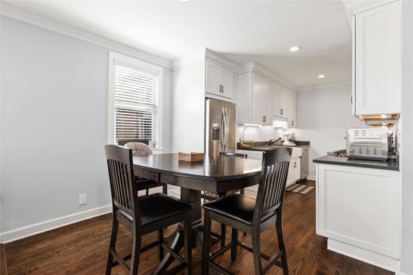Dining room, Interior, Kitchen, Recessed Lighting, Stainless Steel Appliances, Wood Texture Flooring