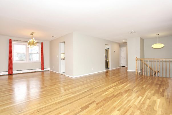 Chandelier, Empty room, Interior, Pendant Lights, Recessed Lighting, Wood Texture Flooring