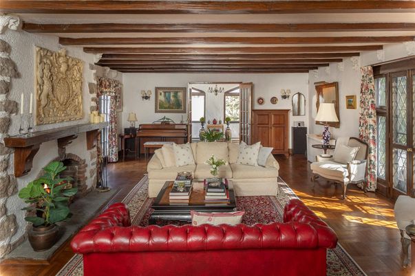 Fireplace, Interior, Living room, Stone Walls, Wooden Beams, Wood Texture Flooring