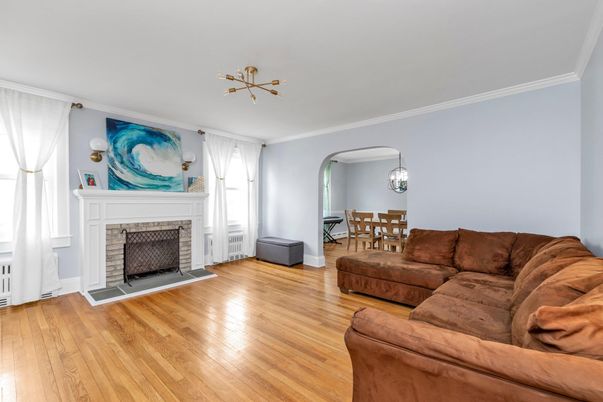 Dining room, Fireplace, Interior, Living room, Pendant Lights, Wood Texture Flooring