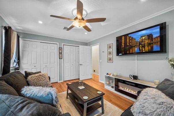 Fireplace, Interior, Living room, Recessed Lighting, Wood Texture Flooring