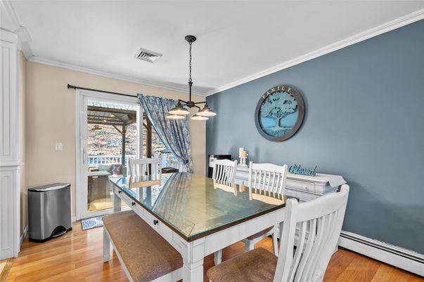 Dining room, Interior, Pendant Lights, Wood Texture Flooring