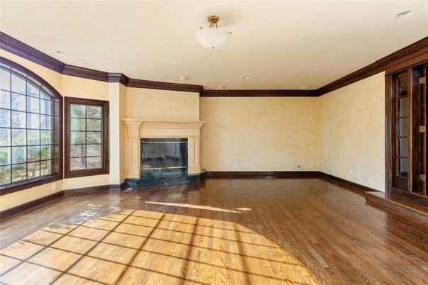 Empty room, Fireplace, Interior, Recessed Lighting, Wood Texture Flooring