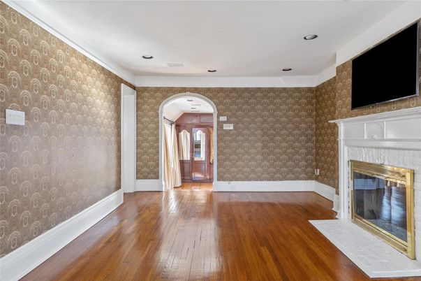 Empty room, Fireplace, Interior, Recessed Lighting, Wood Texture Flooring