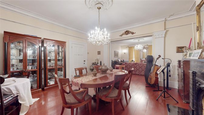 Chandelier, Dining room, Fireplace, Interior, Living room, Wood Texture Flooring