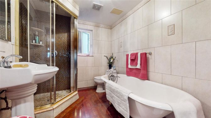 Bathroom, Free Standing Baths, Glass Shower, Interior, Wood Texture Flooring