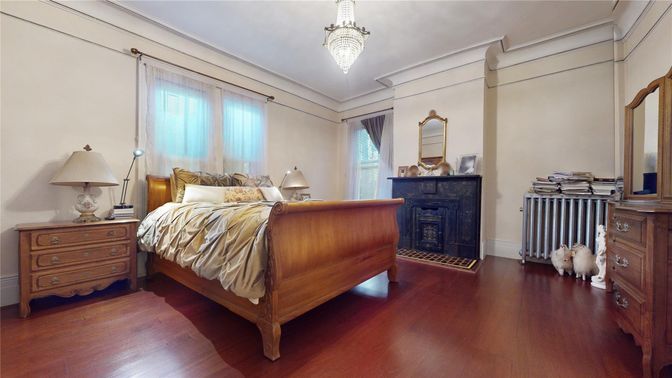 Bedroom, Chandelier, Fireplace, Interior, Wood Texture Flooring