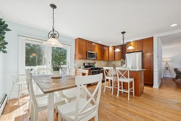 Dining room, Interior, Kitchen, Pendant Lights, Recessed Lighting, Stainless Steel Appliances, Wood Texture Flooring