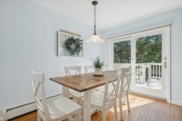 Dining room, Interior, Pendant Lights, Wood Texture Flooring