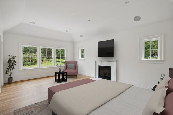 Bedroom, Fireplace, Interior, Recessed Lighting, Wood Texture Flooring