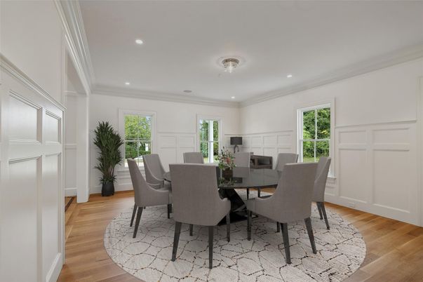 Dining room, Interior, Recessed Lighting, Wood Texture Flooring