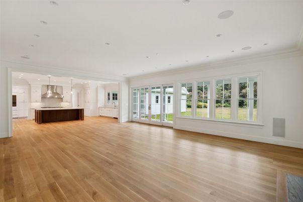Empty room, Interior, Kitchen, Pendant Lights, Recessed Lighting, Wood Texture Flooring