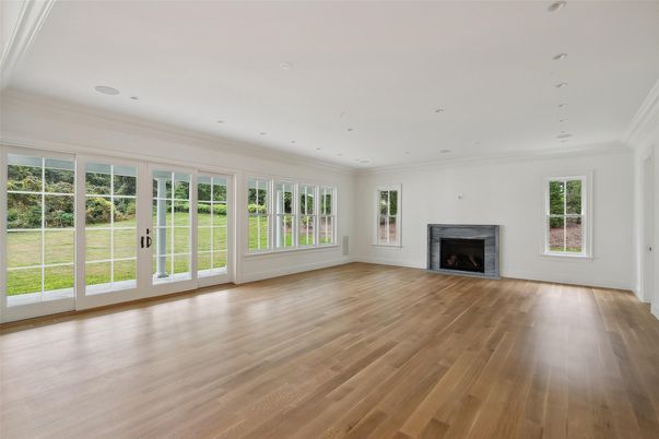 Empty room, Fireplace, Interior, Recessed Lighting, Wood Texture Flooring
