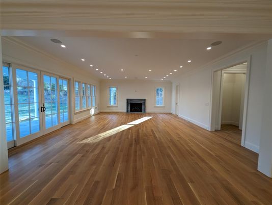 Empty room, Fireplace, Interior, Recessed Lighting, Wood Texture Flooring