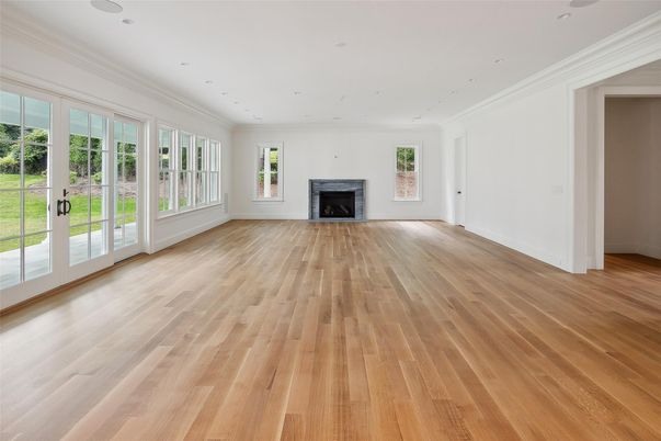 Empty room, Fireplace, Interior, Recessed Lighting, Wood Texture Flooring