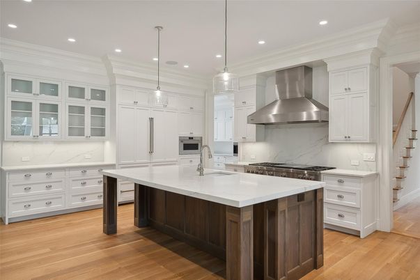 Interior, Kitchen, Marble Walls, Pendant Lights, Recessed Lighting, Stainless Steel Appliances, Wood Texture Flooring