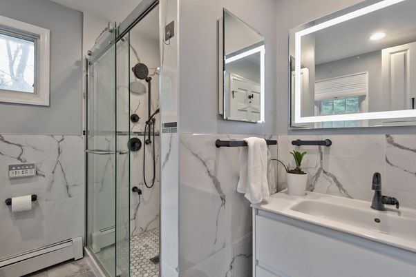 Bathroom, Glass Shower, Interior, Marble Walls, Recessed Lighting